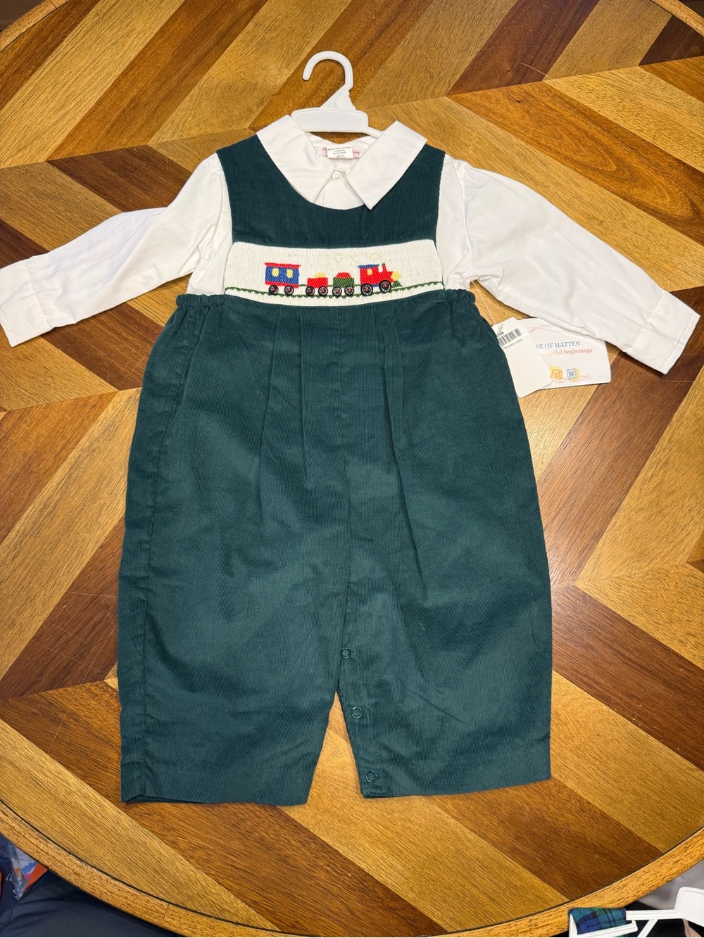 House of Hatten Vintage Dark Green Smocked Train Overalls with White Shirt 18 mo